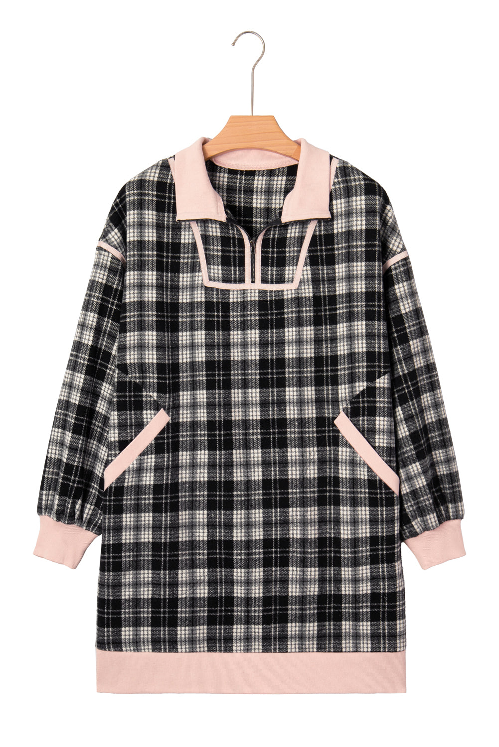 Black Plaid Polo Collar Zip up Contrast Trim Shift Long Sleeve Mini Dress