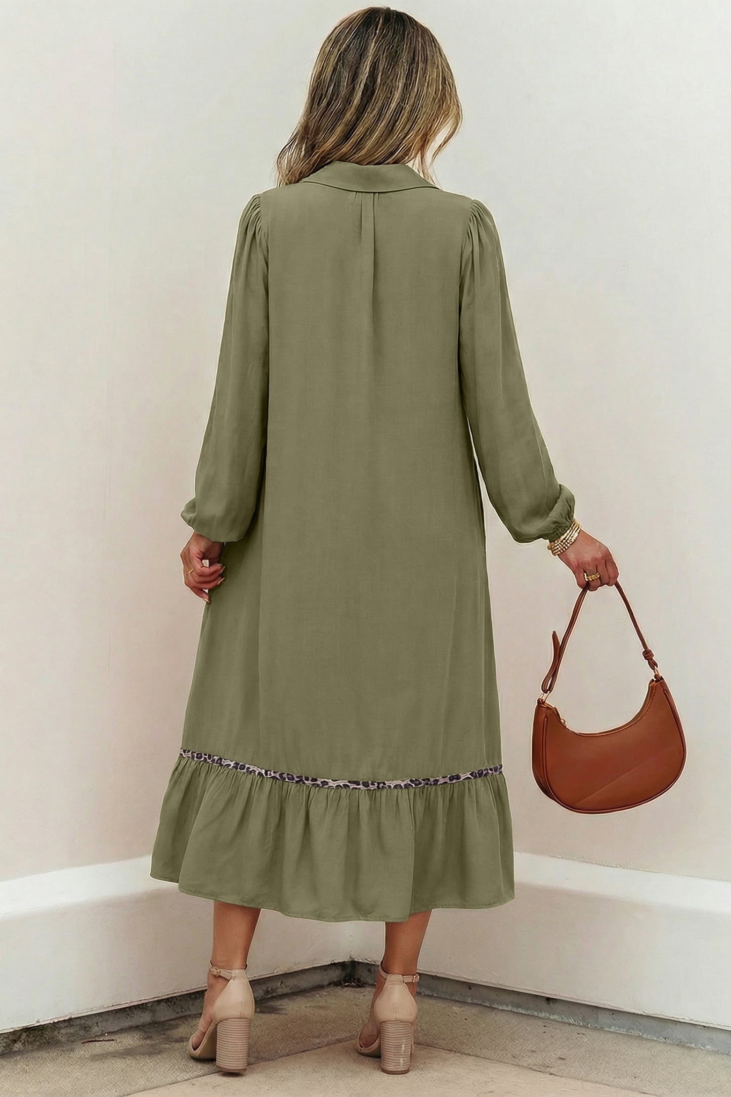 Four Leaf Clover Collared V Neck Smocked Detail Contrast Leopard Trim Bracelet Sleeve Long Dress