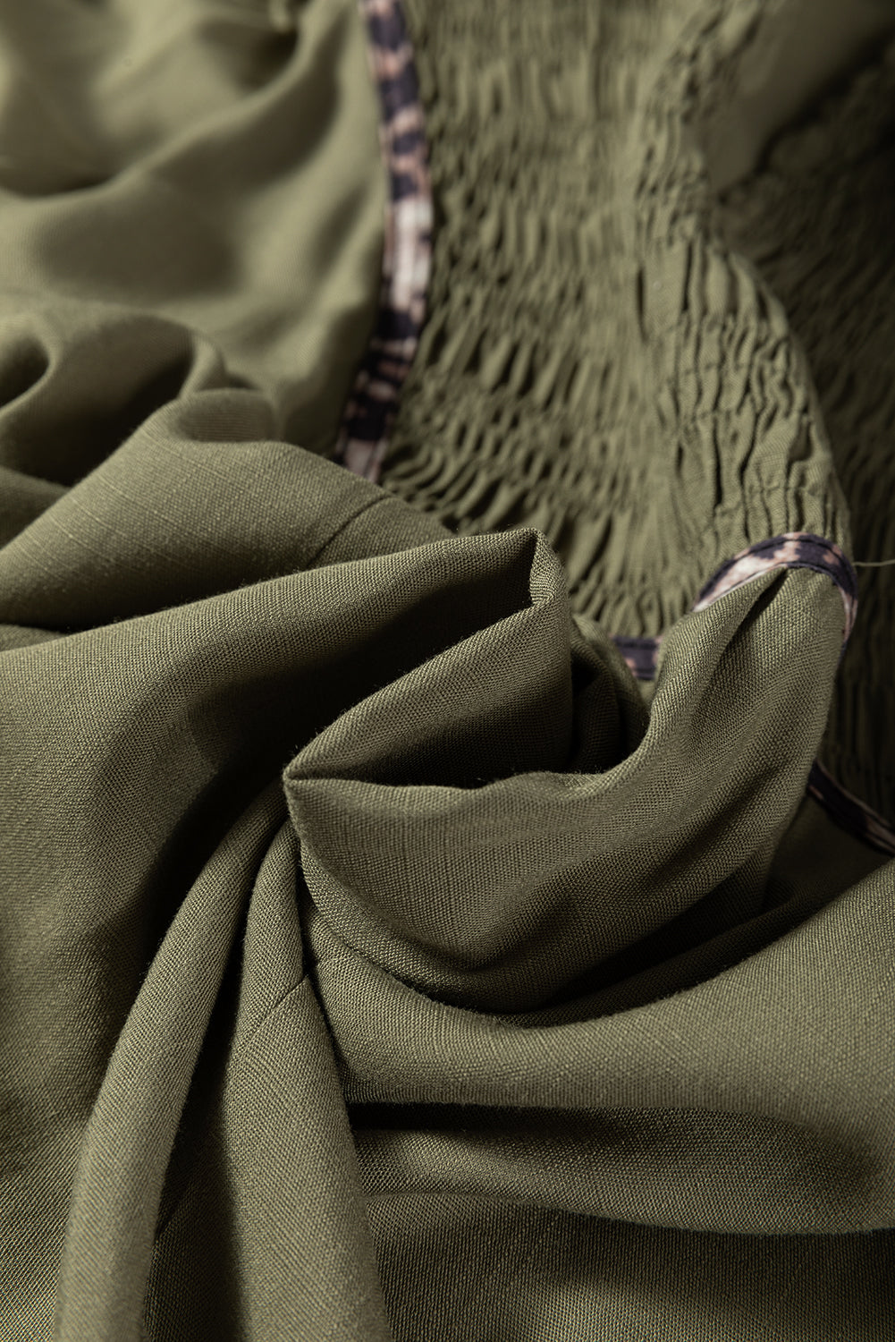 Four Leaf Clover Collared V Neck Smocked Detail Contrast Leopard Trim Bracelet Sleeve Long Dress