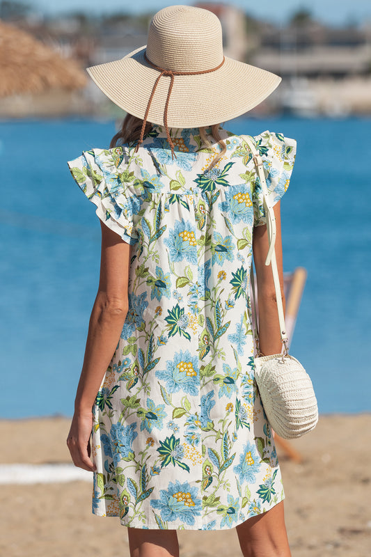 Beige Floral Print V Neck Triple Ruffle Short Sleeve Shift Mini Dress