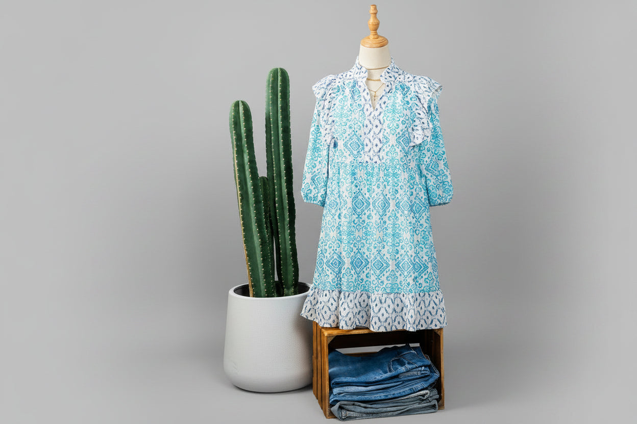 Sky Blue Boho Floral Geometric Patchwork Ruffle Detail Puff Sleeve Mini Dress