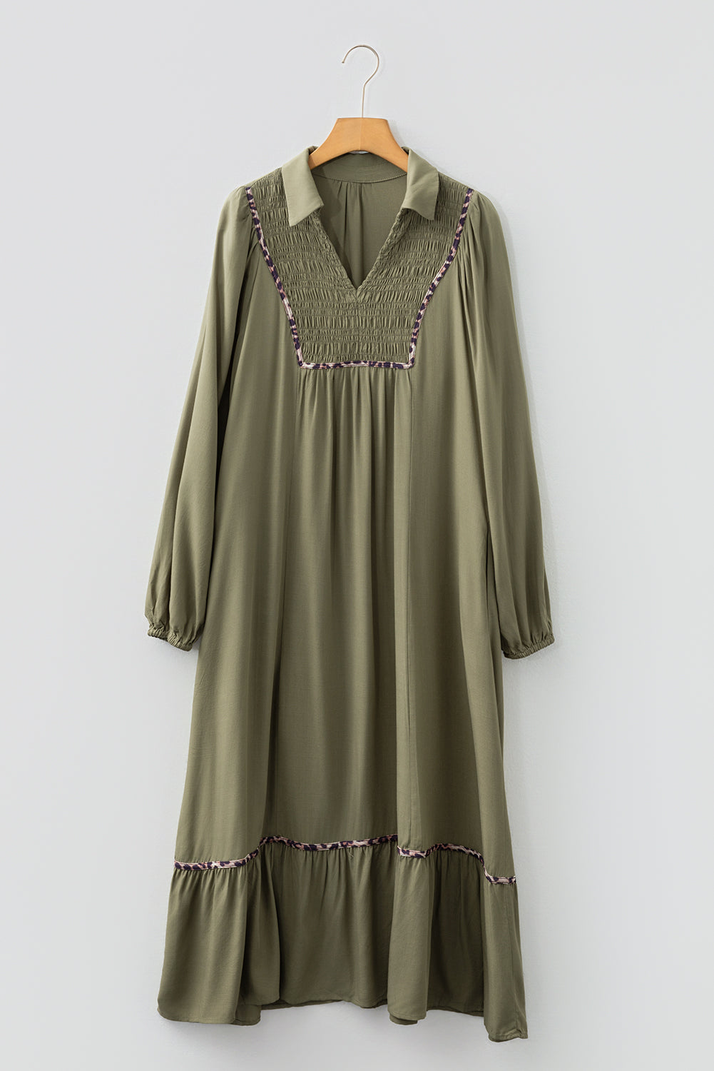 Four Leaf Clover Collared V Neck Smocked Detail Contrast Leopard Trim Bracelet Sleeve Long Dress