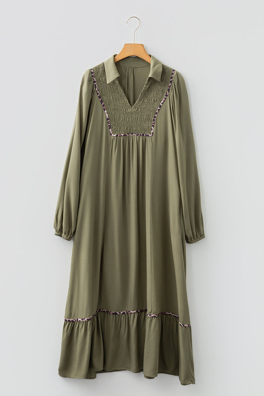 Four Leaf Clover Collared V Neck Smocked Detail Contrast Leopard Trim Bracelet Sleeve Long Dress