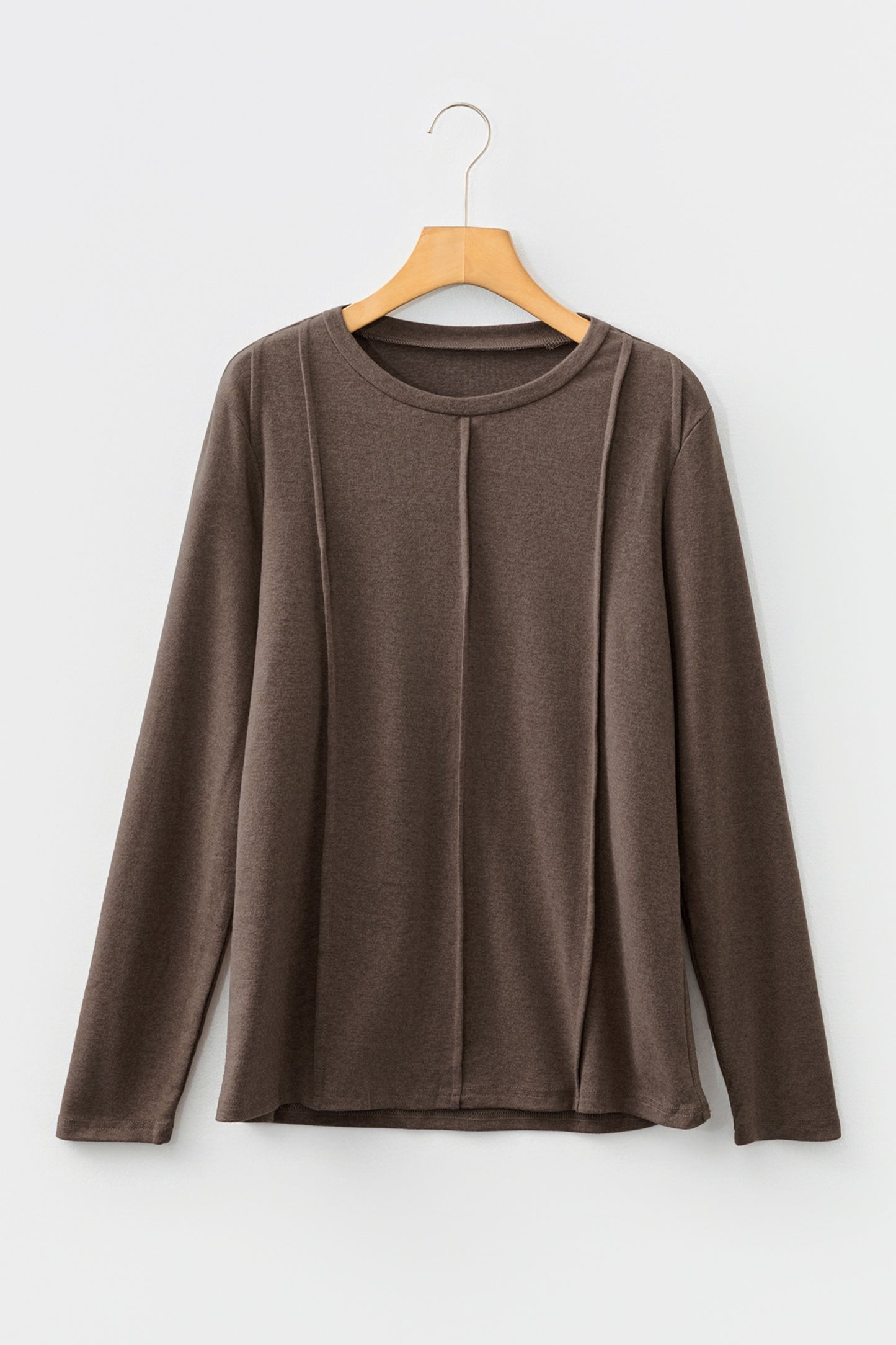 Chicory Coffee Solid Exposed Seam Crew Neck Long Sleeve Top