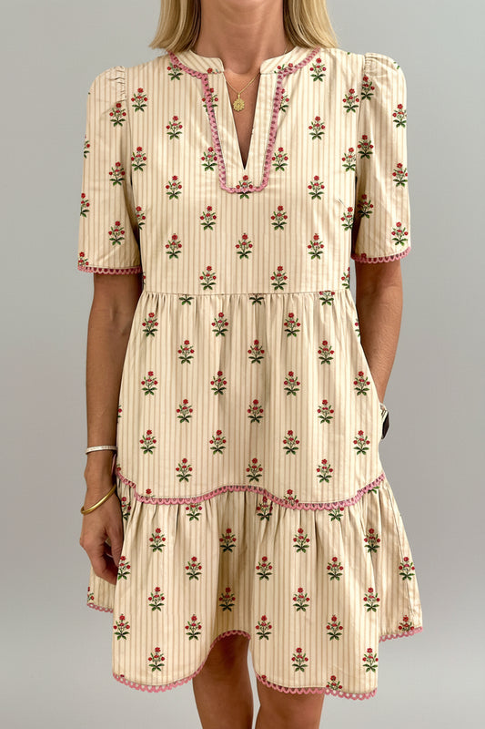 Women wearing a floral print dress against a neutral beige background