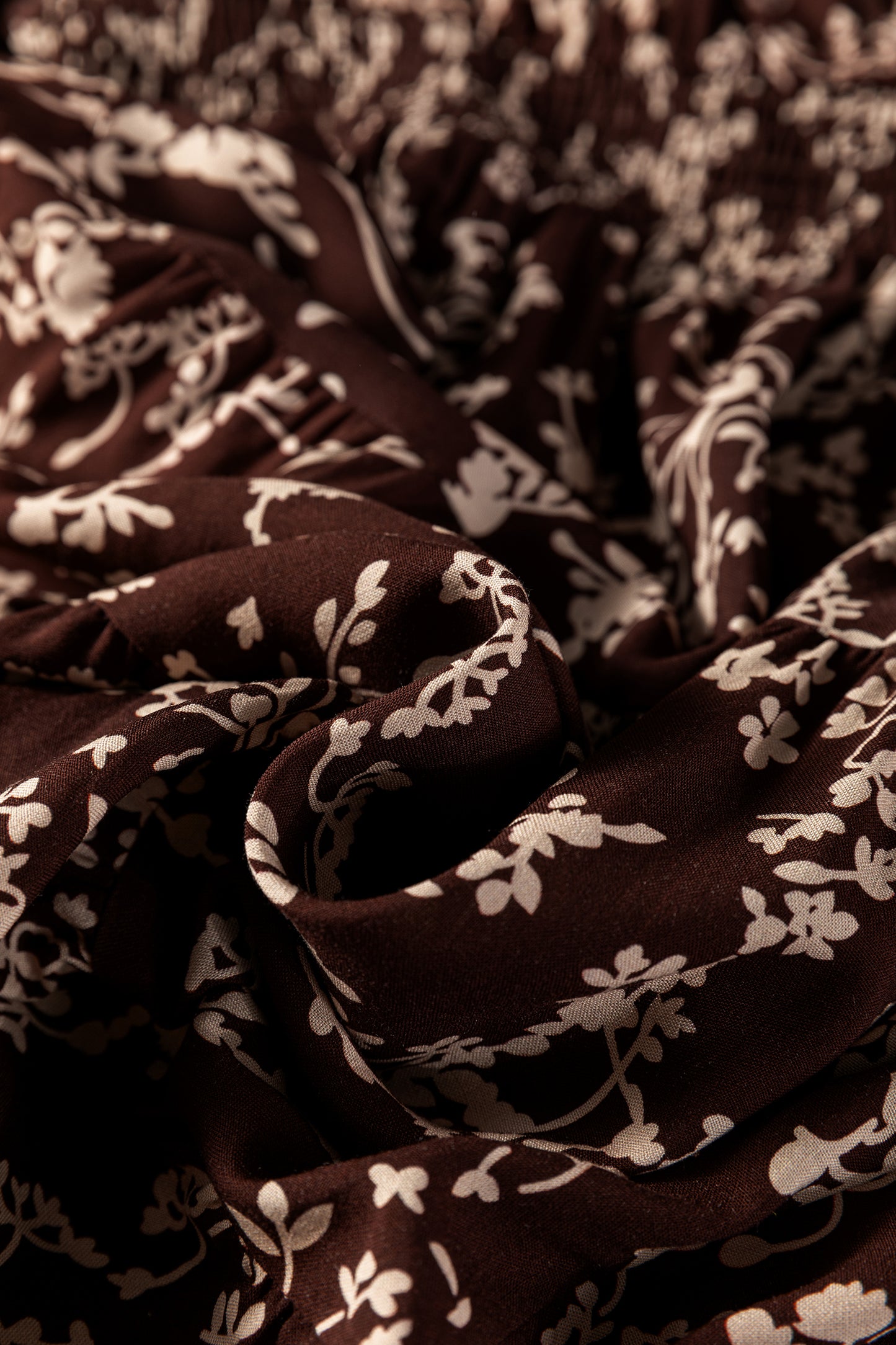 Brown Ditsy Floral Print Split Neck Long Sleeve Shirred Waist Flared Mini Dress