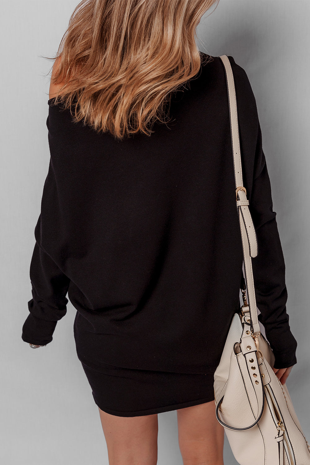 Black Asymmetric Neck Batwing Sleeve Shift Mini Sweater Dress The Golden Lark Black Asymmetric Neck Batwing Sleeve Shift Mini Sweater Dress The Golden Lark