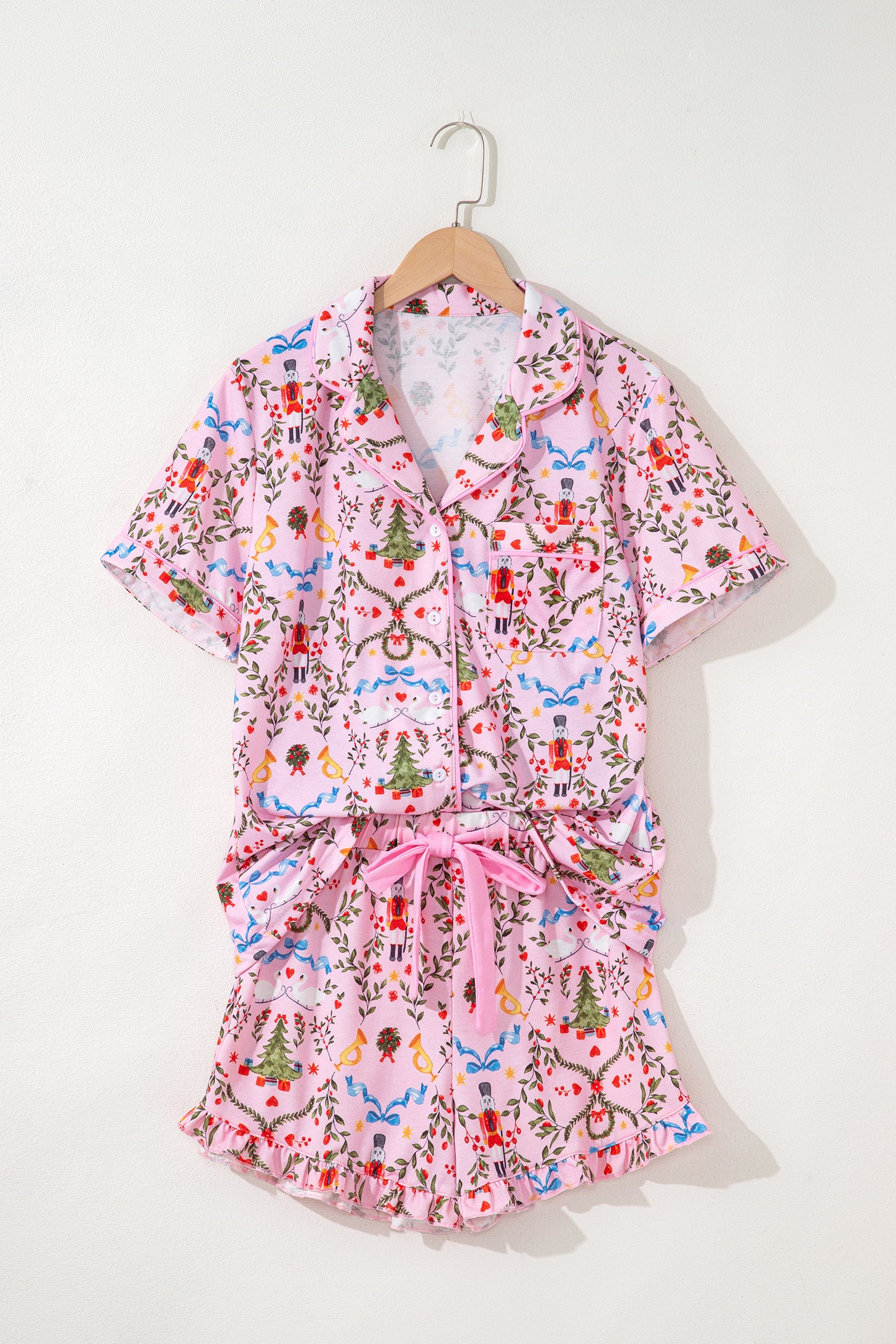 Pink Nutcracker Doll Christmas Print Ribbon Tie Waist Short 2pcs Pajama Set