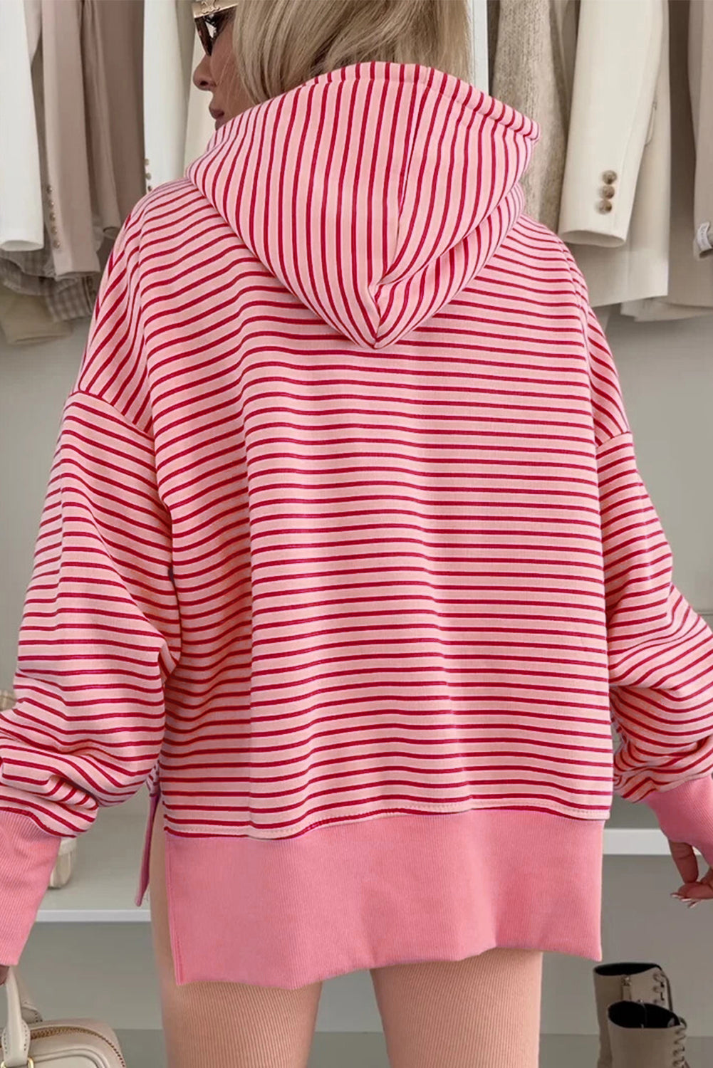 Rose Stripe Thumbhole Side Slits Drop Shoulder Loose Fit Hoodie