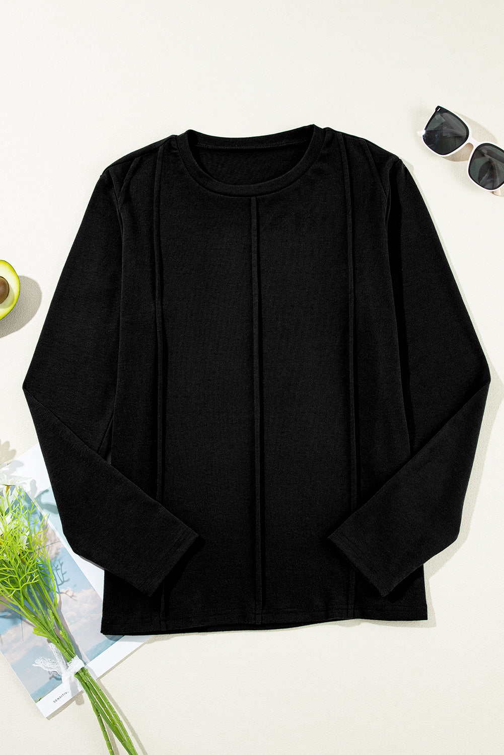 Black Solid Exposed Seam Crew Neck Long Sleeve Top
