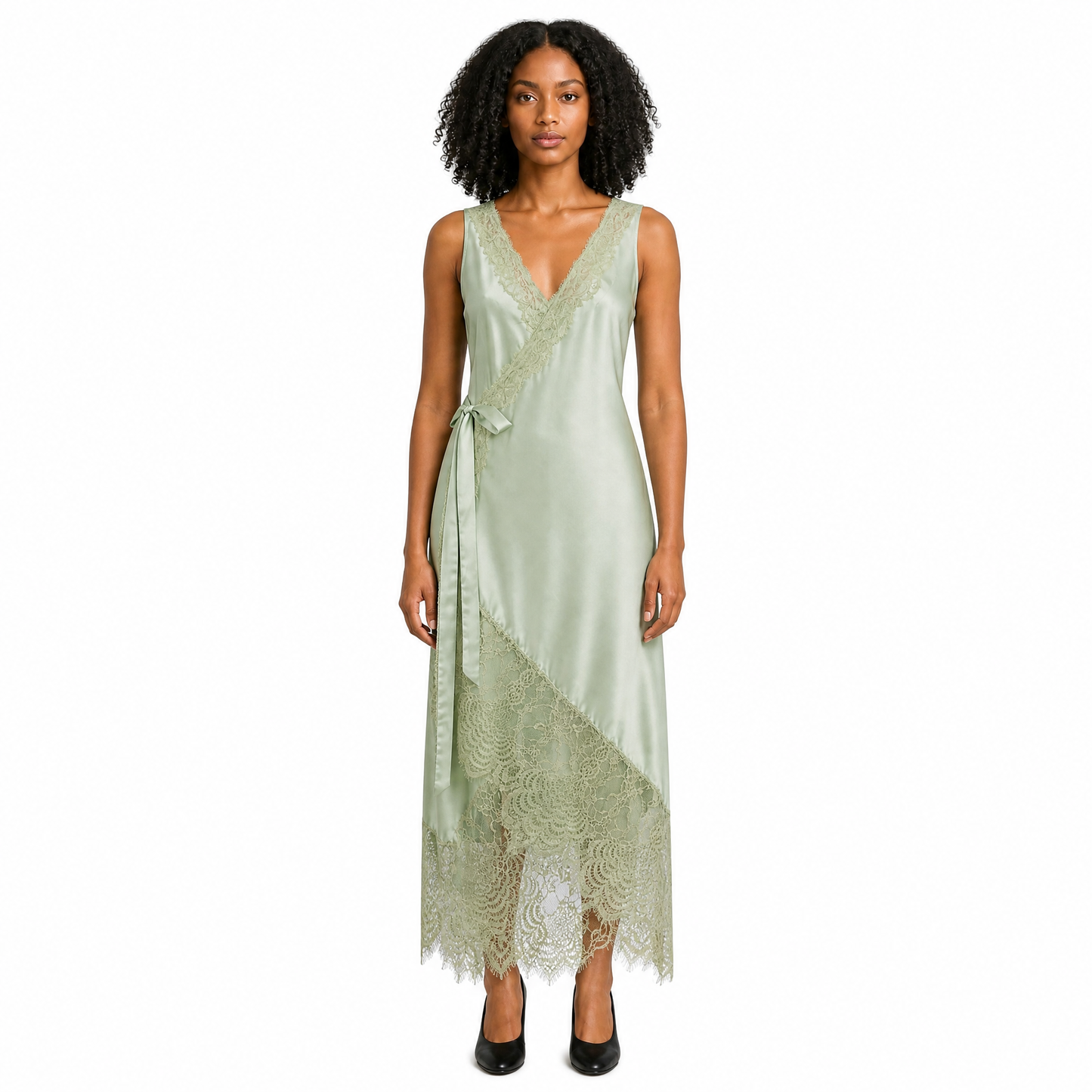 Floral Lace Trim Sleeveless V-Neck Wrap Irregular Ruffled Hem Long Tank Dresses