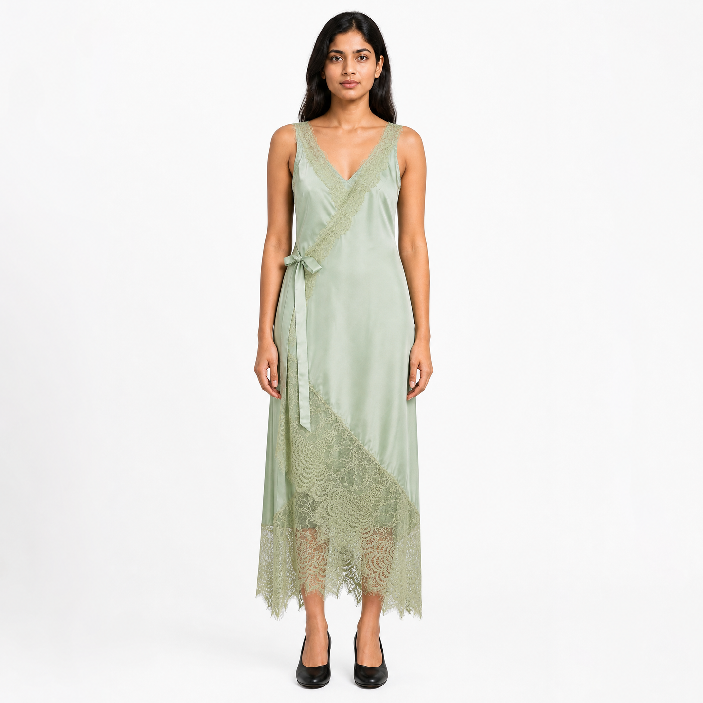 Floral Lace Trim Sleeveless V-Neck Wrap Irregular Ruffled Hem Long Tank Dresses