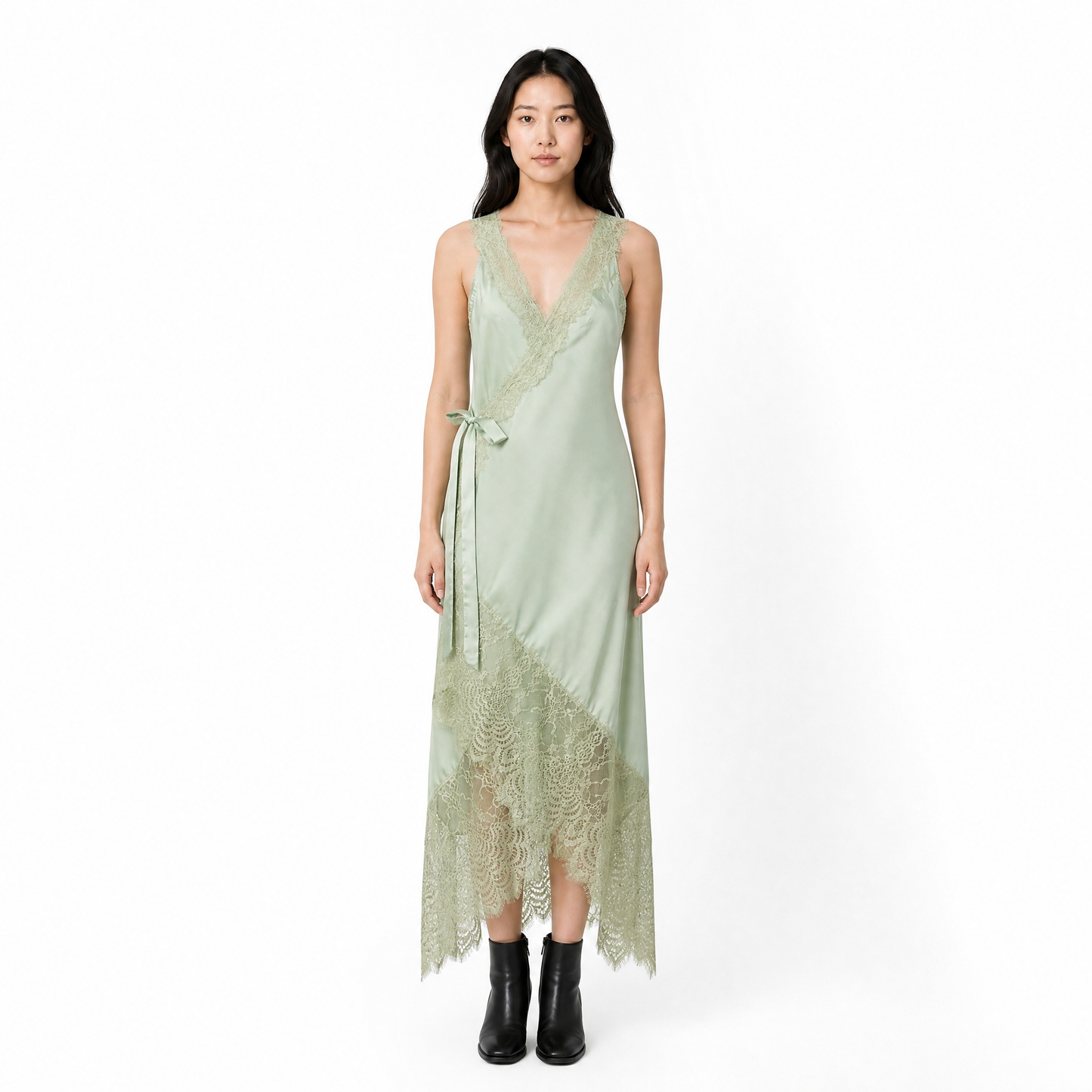 Floral Lace Trim Sleeveless V-Neck Wrap Irregular Ruffled Hem Long Tank Dresses